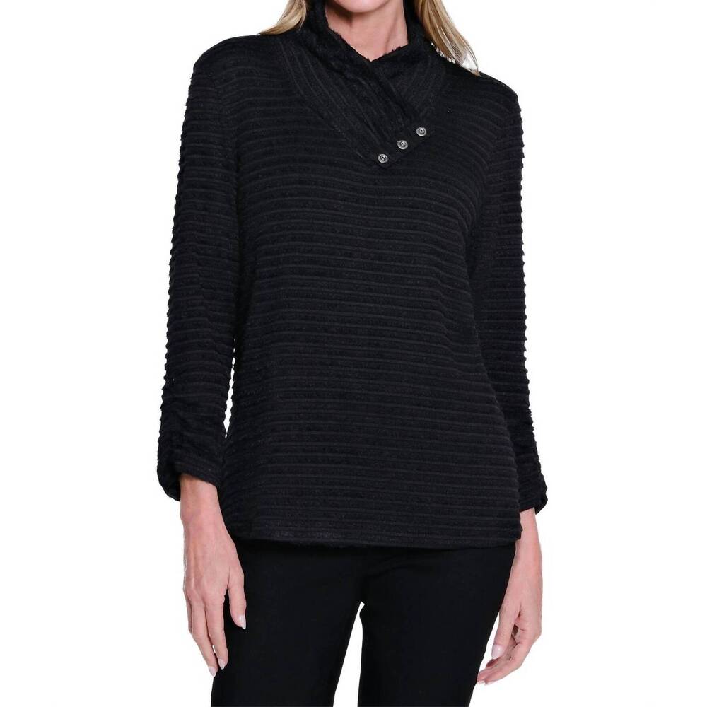 NEW MULTIPLES faux fur shirred top in black